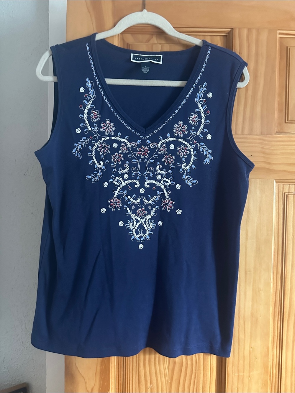 Karen Scott Navy Sleeveless V-Neck Top with Floral Embroidery